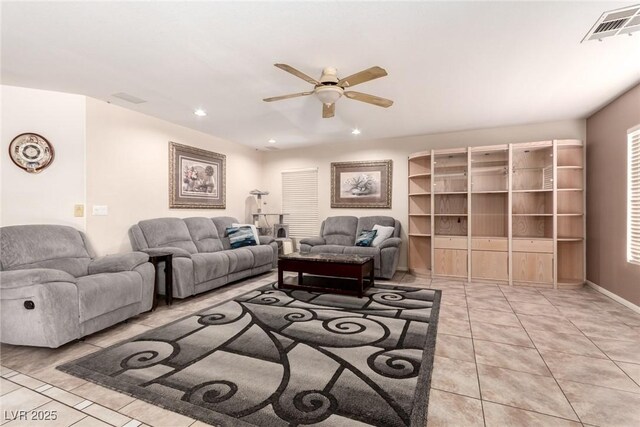 1066 Aspen Valley Ave, Las Vegas, NV 89123 - living room featuring light tile patterned floors, ceiling fan, recessed lighting, and visible vents