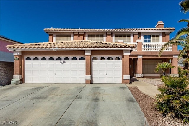 1066 Aspen Valley Ave, Las Vegas, NV 89123 - view of front facade with an attached garage, a tile roof, stucco siding, a chimney, and driveway