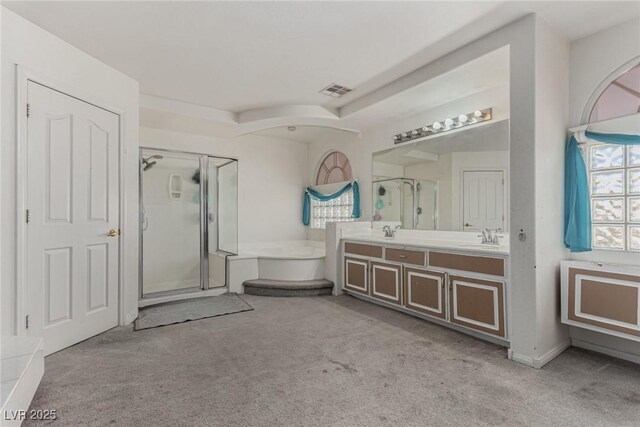 1066 Aspen Valley Ave, Las Vegas, NV 89123 - full bath featuring carpet floors, a sink, a stall shower, and double vanity