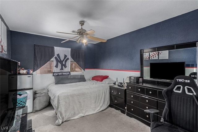 1066 Aspen Valley Ave, Las Vegas, NV 89123 - bedroom with a ceiling fan, a textured wall, and carpet flooring