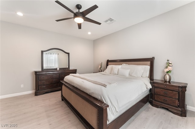 bedroom with visible vents, baseboards, ceiling fan, recessed lighting, and light wood finished floors