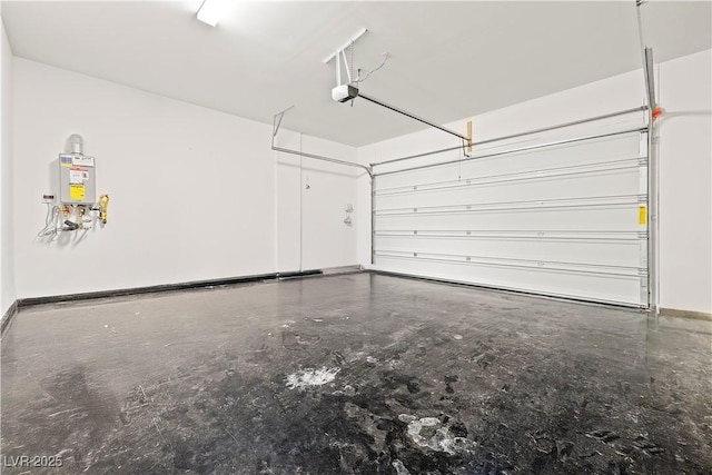 garage with baseboards, tankless water heater, and a garage door opener