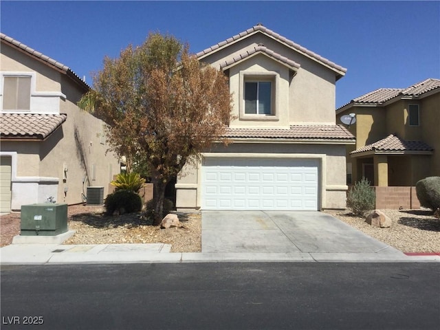 6416 Pronghorn Ridge Ave, Las Vegas, NV 89122 - view of front of property with cooling unit, stucco siding, a tiled roof, an attached garage, and driveway
