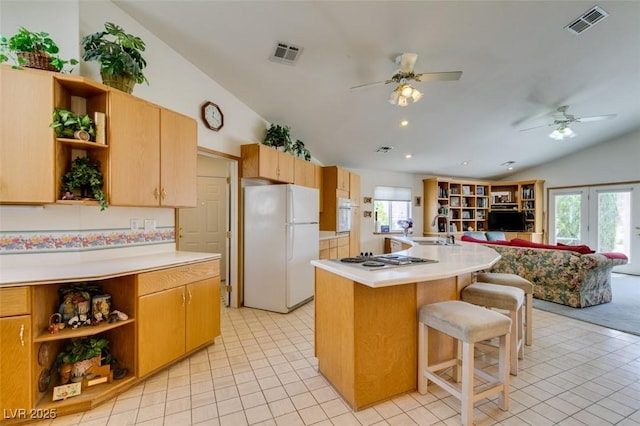 kitchen with open shelves, a sink, white appliances, a ceiling fan, and vaulted ceiling