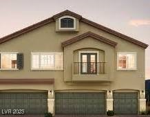 view of front of property featuring stucco siding, driveway, a balcony, and a garage