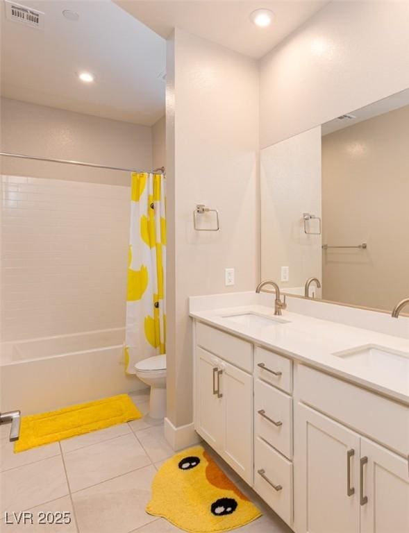 2650 Skylark Trail St, Henderson, NV 89044 - bathroom featuring tile patterned flooring, shower / bath combination with curtain, double vanity, toilet, and recessed lighting