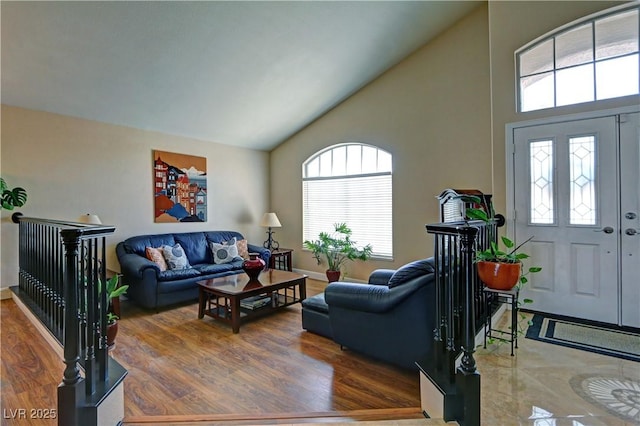 living room featuring wood finished floors and high vaulted ceiling