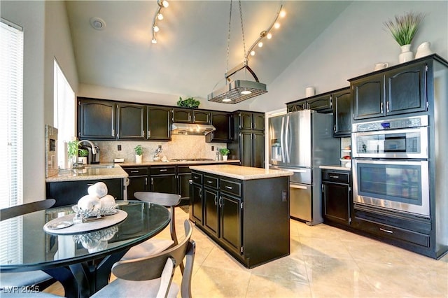 kitchen with appliances with stainless steel finishes, a sink, high vaulted ceiling, tasteful backsplash, and under cabinet range hood