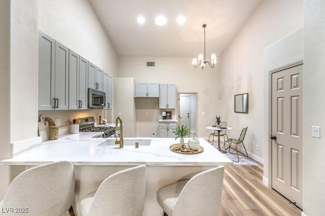 10205 Birch Bluff Ln, Las Vegas, NV 89145 - kitchen with stainless steel appliances, a peninsula, a sink, light wood-style floors, and a chandelier