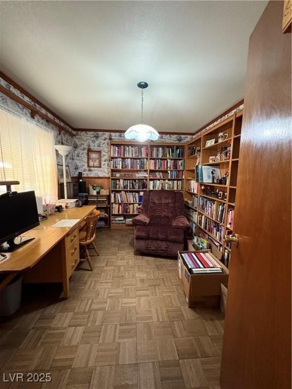 1090E 15th St, Ely, NV 89301 - office with wallpapered walls and bookshelves