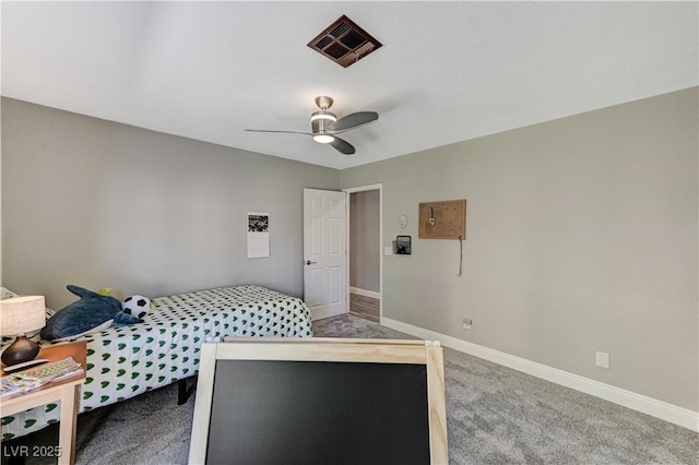 bedroom with a ceiling fan, baseboards, visible vents, and carpet