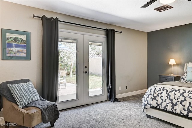 bedroom featuring visible vents, carpet flooring, french doors, and access to exterior