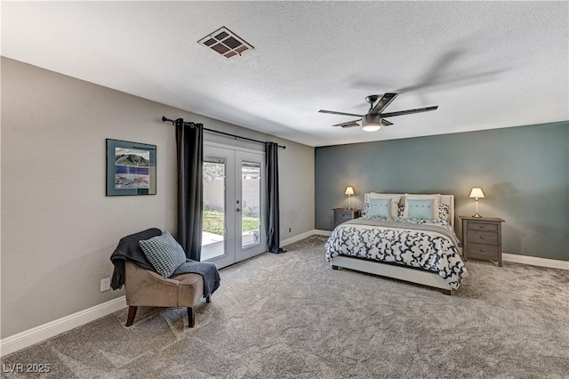 bedroom with access to outside, baseboards, visible vents, and carpet