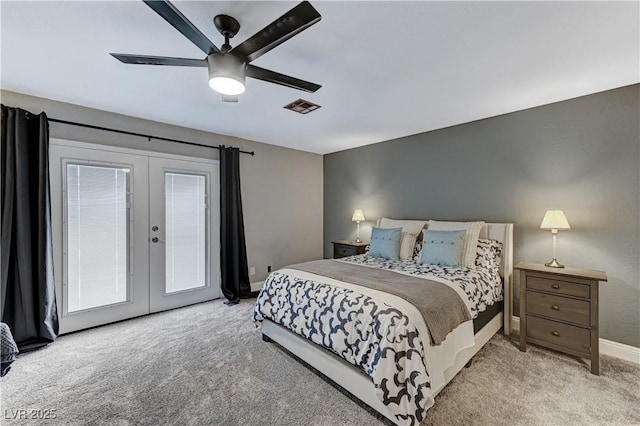 bedroom with visible vents, baseboards, access to outside, french doors, and carpet