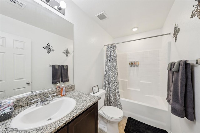 full bathroom featuring visible vents, shower / bathtub combination with curtain, toilet, and vanity