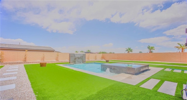 8310 W Camero Ave, Las Vegas, NV 89113 - view of swimming pool featuring a fenced backyard, a fenced in pool, an in ground hot tub, and a lawn