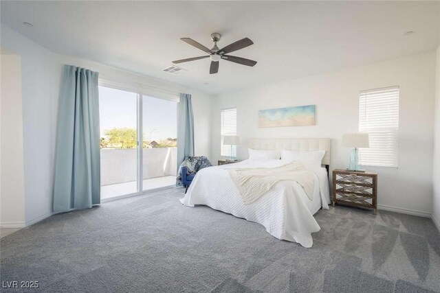 bedroom featuring carpet floors, access to outside, baseboards, and visible vents