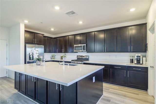 kitchen featuring a kitchen island with sink, visible vents, a sink, light countertops, and stainless steel appliances