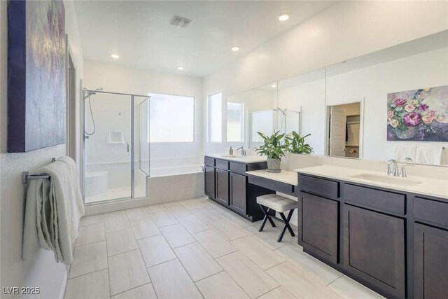 full bath with a garden tub, visible vents, vanity, recessed lighting, and a stall shower