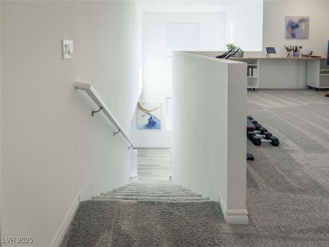 stairway featuring carpet floors and baseboards