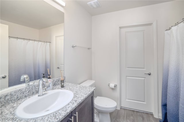 bathroom with vanity, toilet, and wood finished floors