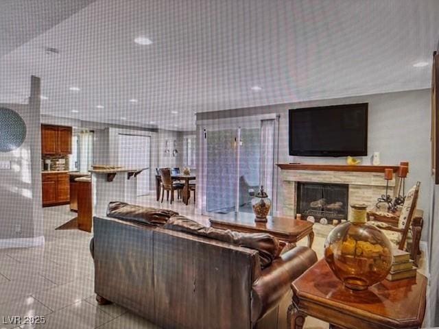 390 Rushing Creek Ct, Henderson, NV 89014 - living area featuring a fireplace and granite tiled floors