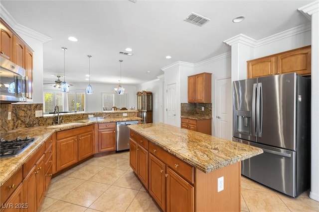 2164 Sawtooth Mountain Dr, Henderson, NV 89044 - kitchen with visible vents, appliances with stainless steel finishes, a sink, light stone counters, and recessed lighting