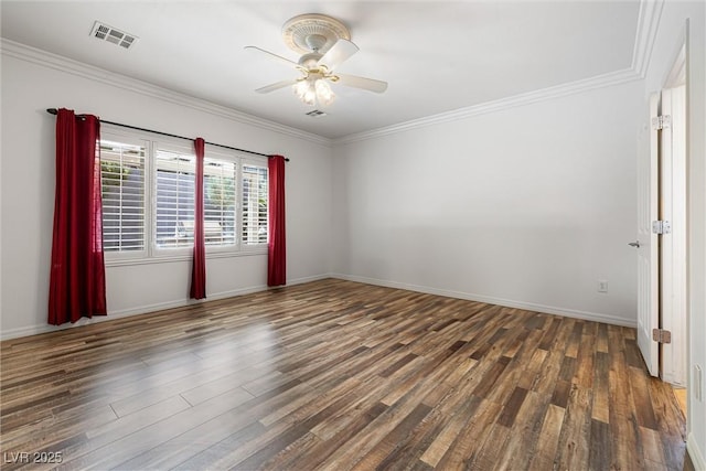2164 Sawtooth Mountain Dr, Henderson, NV 89044 - empty room with crown molding, a ceiling fan, visible vents, and wood finished floors