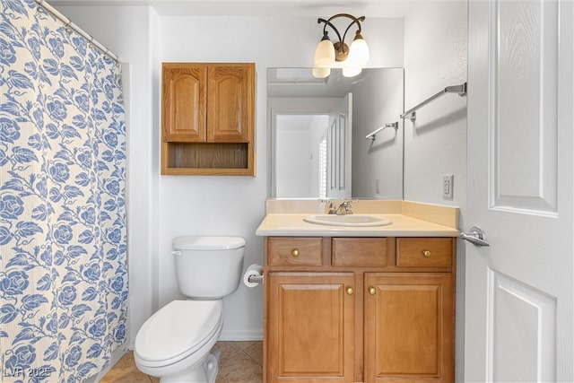 2164 Sawtooth Mountain Dr, Henderson, NV 89044 - full bathroom with tile patterned flooring, curtained shower, vanity, baseboards, and toilet