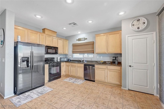 722 Chepstow Ave, Las Vegas, NV 89178 - kitchen featuring dark countertops, a sink, light brown cabinets, visible vents, and black appliances
