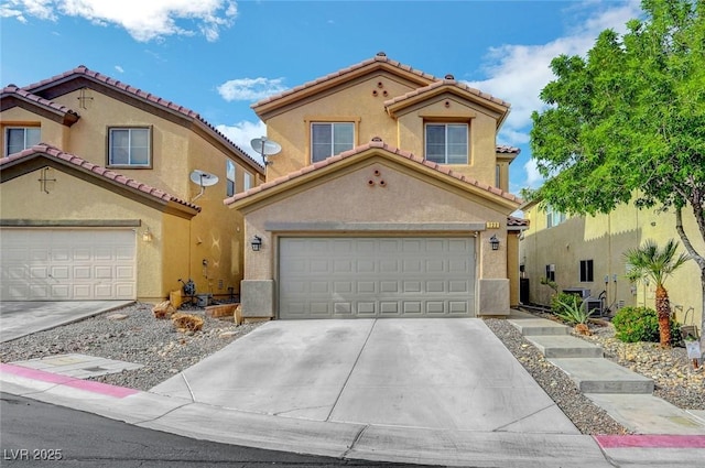 722 Chepstow Ave, Las Vegas, NV 89178 - mediterranean / spanish-style home with an attached garage, stucco siding, driveway, and a tile roof