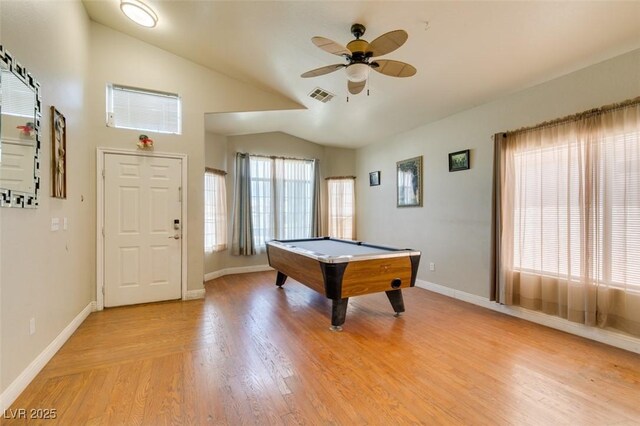 game room featuring a ceiling fan, pool table, lofted ceiling, light wood-type flooring, and visible vents