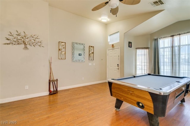playroom with visible vents, lofted ceiling, baseboards, light wood-style floors, and pool table