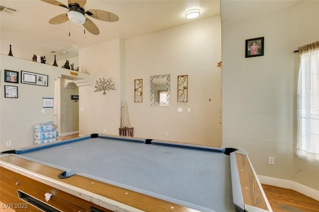 game room featuring a ceiling fan, baseboards, billiards, wood finished floors, and visible vents
