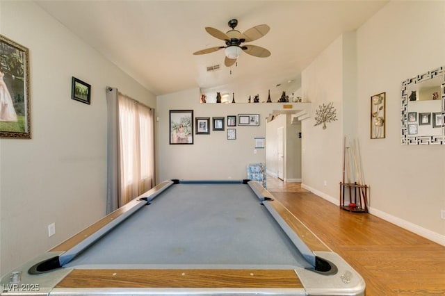 game room featuring visible vents, wood finished floors, lofted ceiling, ceiling fan, and billiards