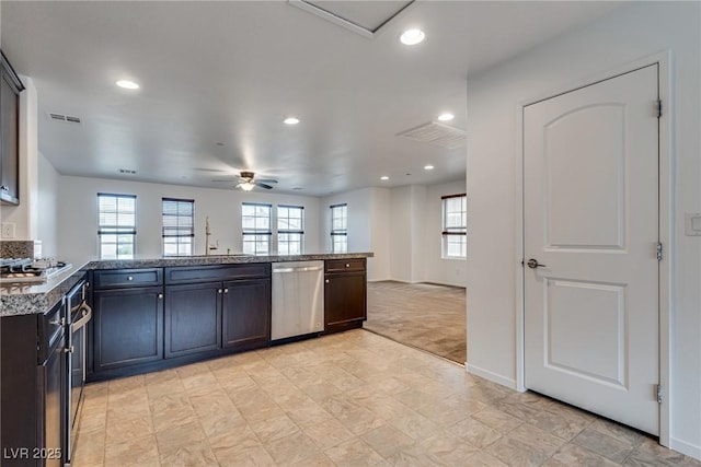 345 Gracious Way, Henderson, NV 89011 - kitchen featuring stainless steel appliances, a sink, recessed lighting, ceiling fan, and stone counters