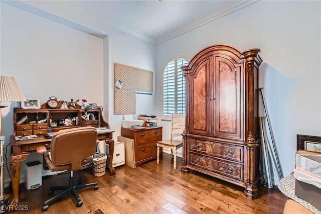office area featuring crown molding and hardwood / wood-style floors
