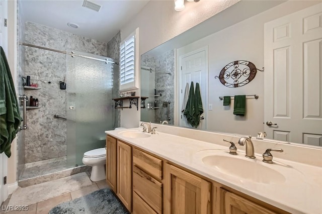 full bathroom with visible vents, a sink, a stall shower, and tile patterned flooring