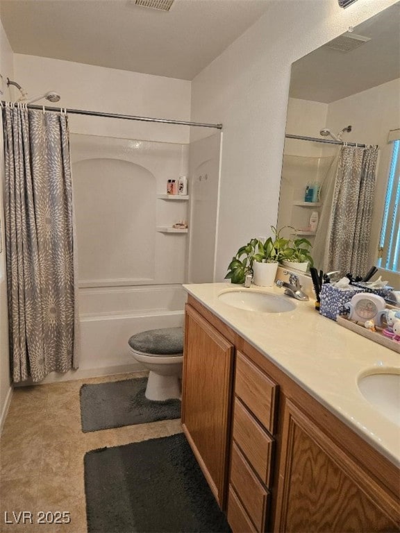 bathroom featuring a sink, toilet, double vanity, tile patterned floors, and shower / bath combination with curtain