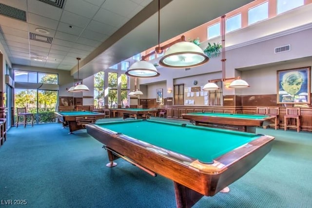 10717 Grand Cypress Ave, Las Vegas, NV 89134 - recreation room featuring billiards, a paneled ceiling, visible vents, a wainscoted wall, and carpet flooring