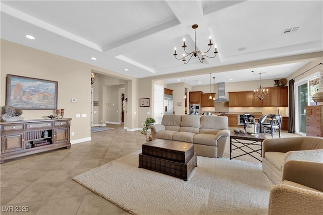 living area featuring visible vents, baseboards, a chandelier, coffered ceiling, and recessed lighting