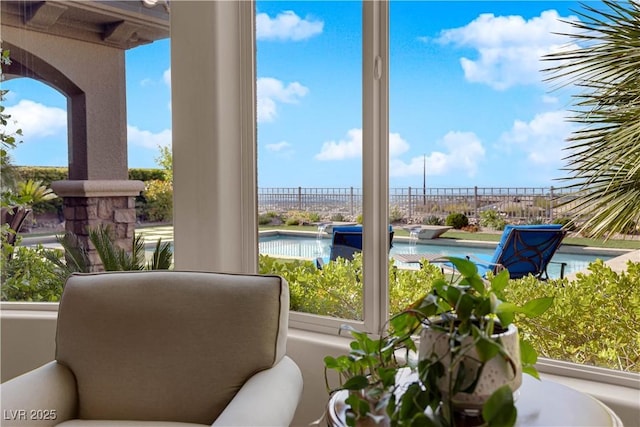 interior space with a water view