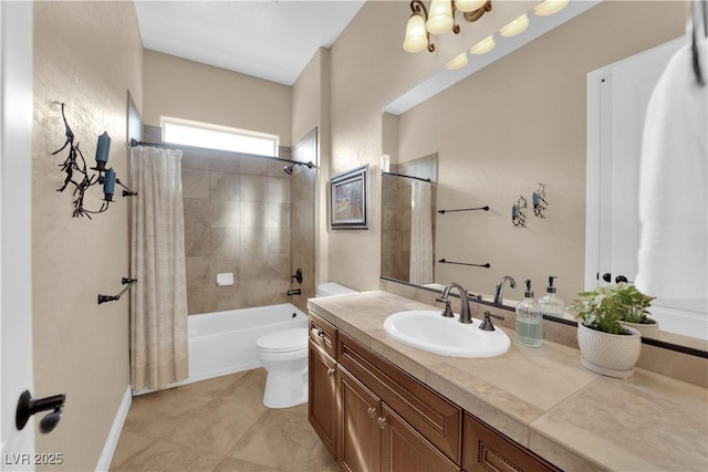 bathroom featuring vanity, shower / bath combo, and toilet