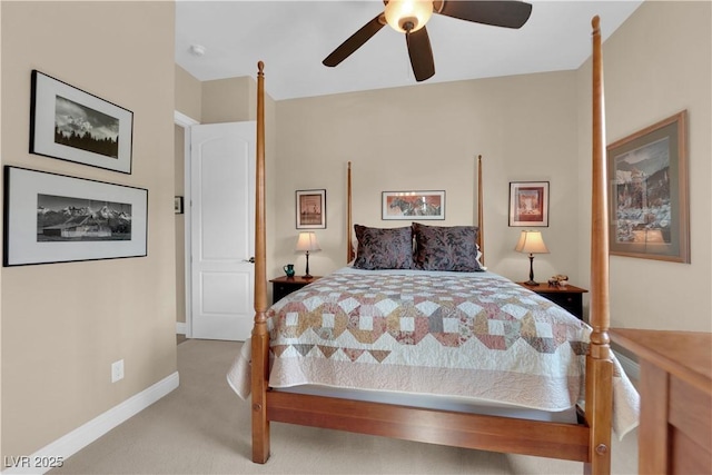 bedroom featuring baseboards, carpet flooring, and ceiling fan