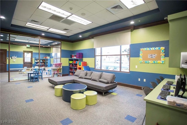 playroom with visible vents, a drop ceiling, and carpet