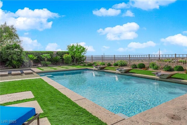view of pool with a fenced in pool, a yard, and a fenced backyard