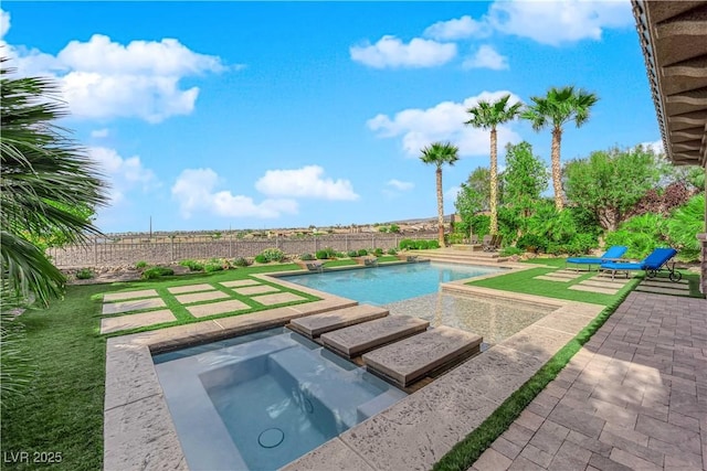 view of pool featuring a patio, an in ground hot tub, a fenced in pool, and a fenced backyard