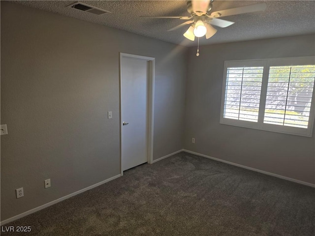 734 Rusty Spur Dr, Henderson, NV 89014 - spare room featuring visible vents, dark carpet, baseboards, a textured ceiling, and a ceiling fan