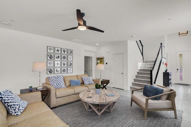 3136 Mossfield Ave, Henderson, NV 89052 - living room with a ceiling fan, stairway, light tile patterned floors, and recessed lighting