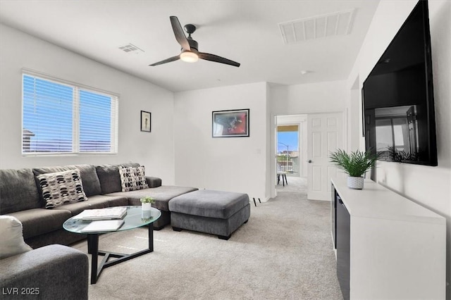3136 Mossfield Ave, Henderson, NV 89052 - living room with light carpet and a ceiling fan